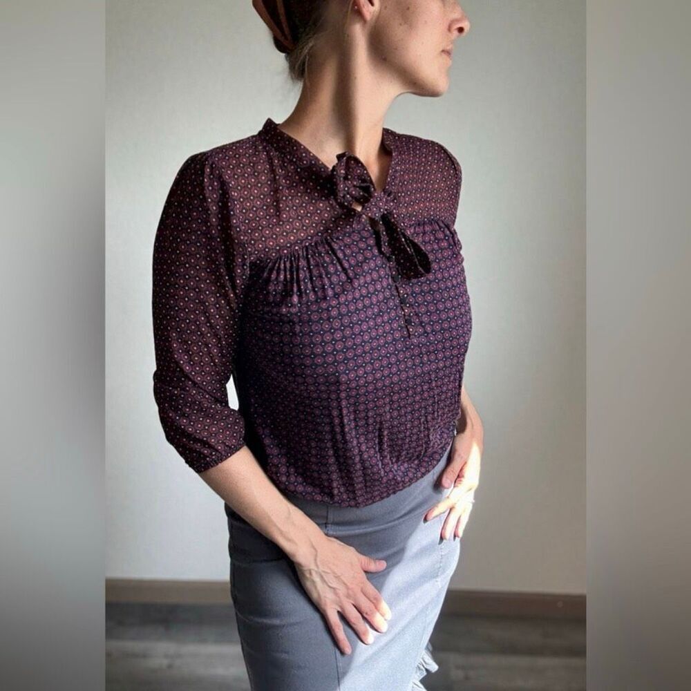 LOFT Blouse Bow Collar Top Preppy Navy Wine XS Relaxed Fit